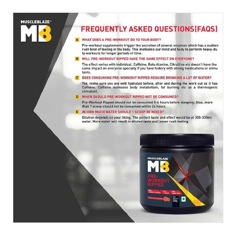 Faqs - MuscleBlaze Pre Workout Ripped, 0.55 lb Green Apple Faqs - MuscleBlaze Pre Workout Ripped, 0.55 lb Green Apple