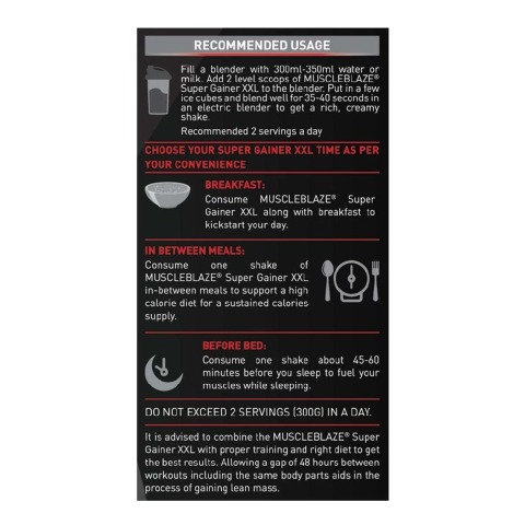 RecommendedUsage - MuscleBlaze Super Gainer XXL, 11 lb Chocolate RecommendedUsage - MuscleBlaze Super Gainer XXL, 11 lb Chocolate