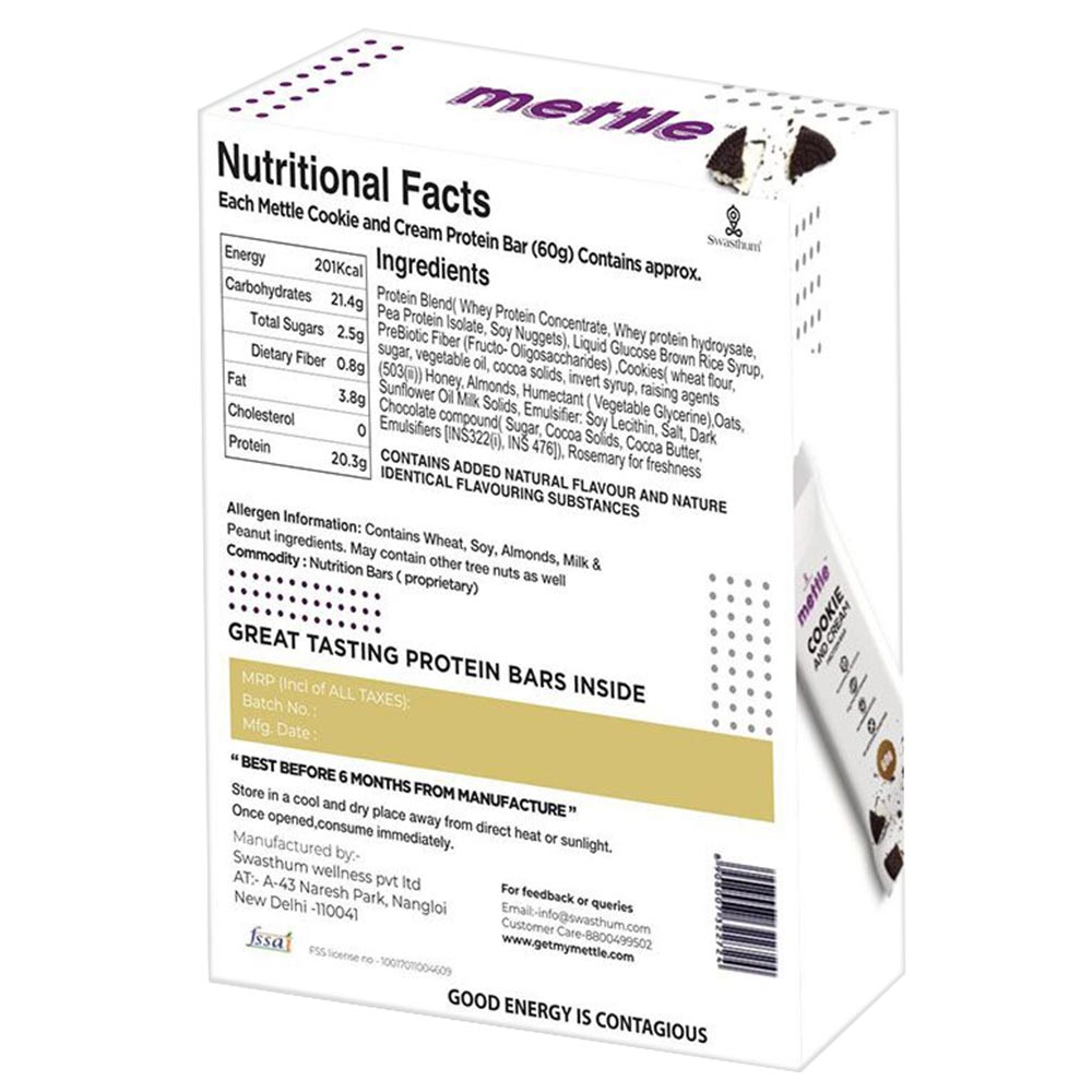 back - Mettle Protein Bar,  6 Piece(s)/Pack  Cookies and Cream 