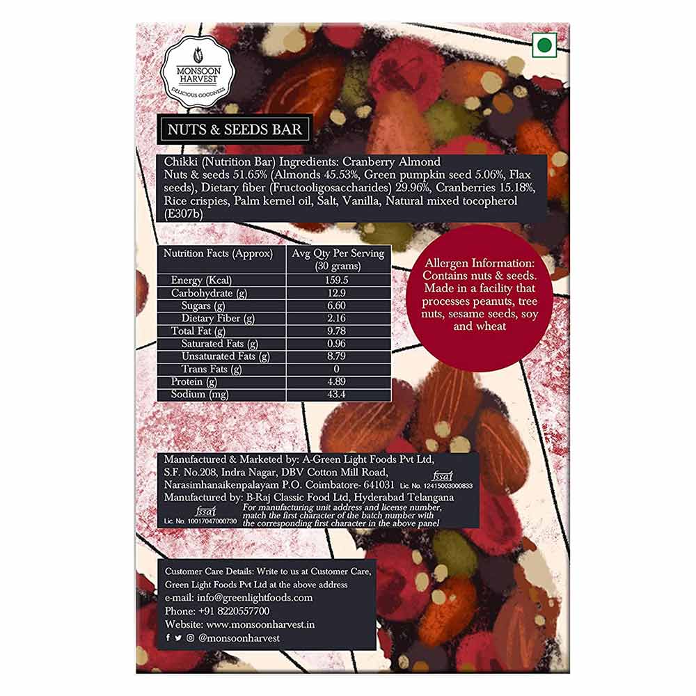 back - Monsoon Harvest Nuts and Seeds Bar,  6 bar(s)  Cranberry & Almond 