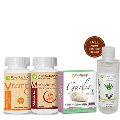 1 - Pure Nutrition Men's Wellness Kit (Men's Multivitamin, Vitamin C and Garlic Oil Capsules),  3 Piece(s)/Pack  with Free Hand Sanitizer 