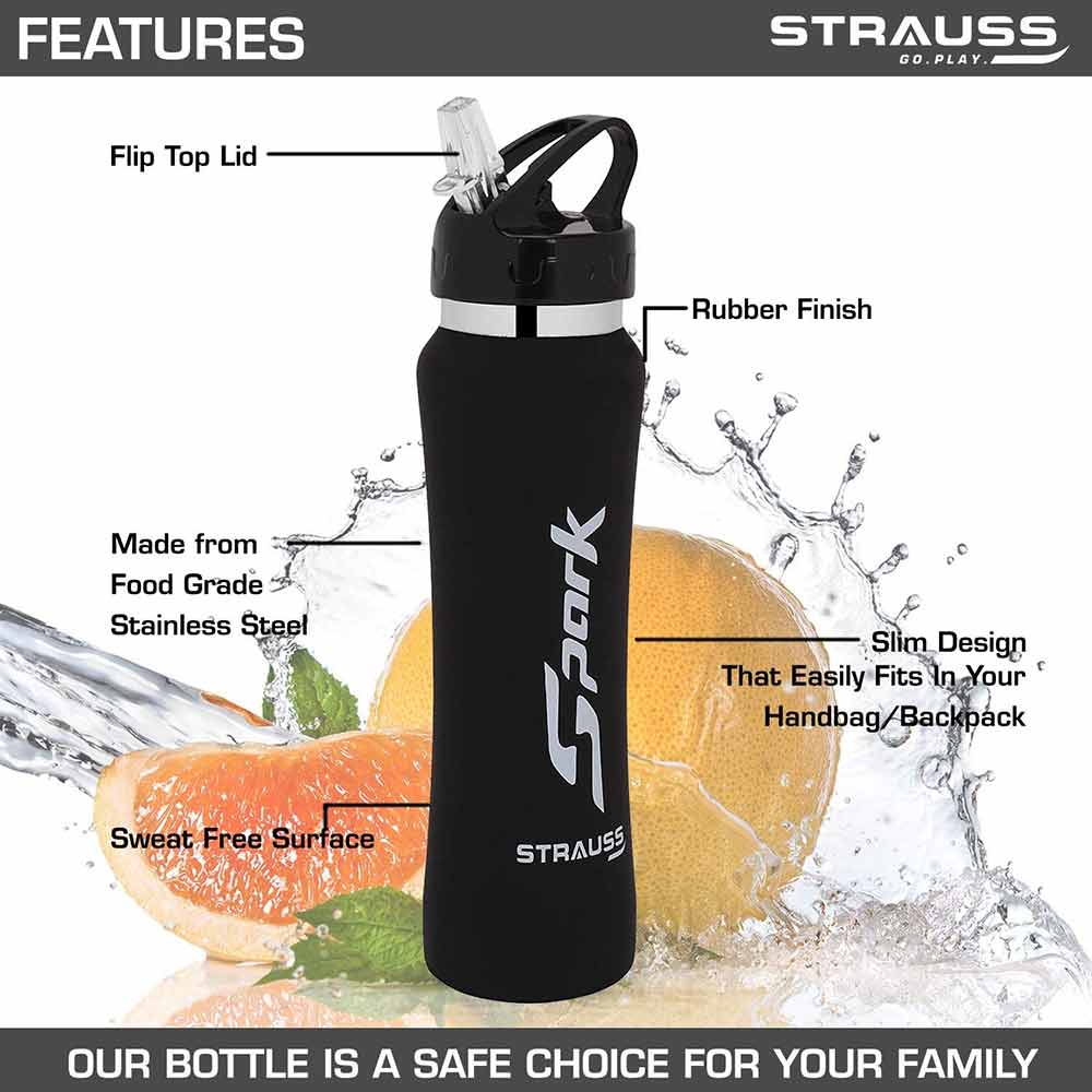 Strauss Spark Stainless Steel Bottle,  Rubber Finish Black  750 ml 