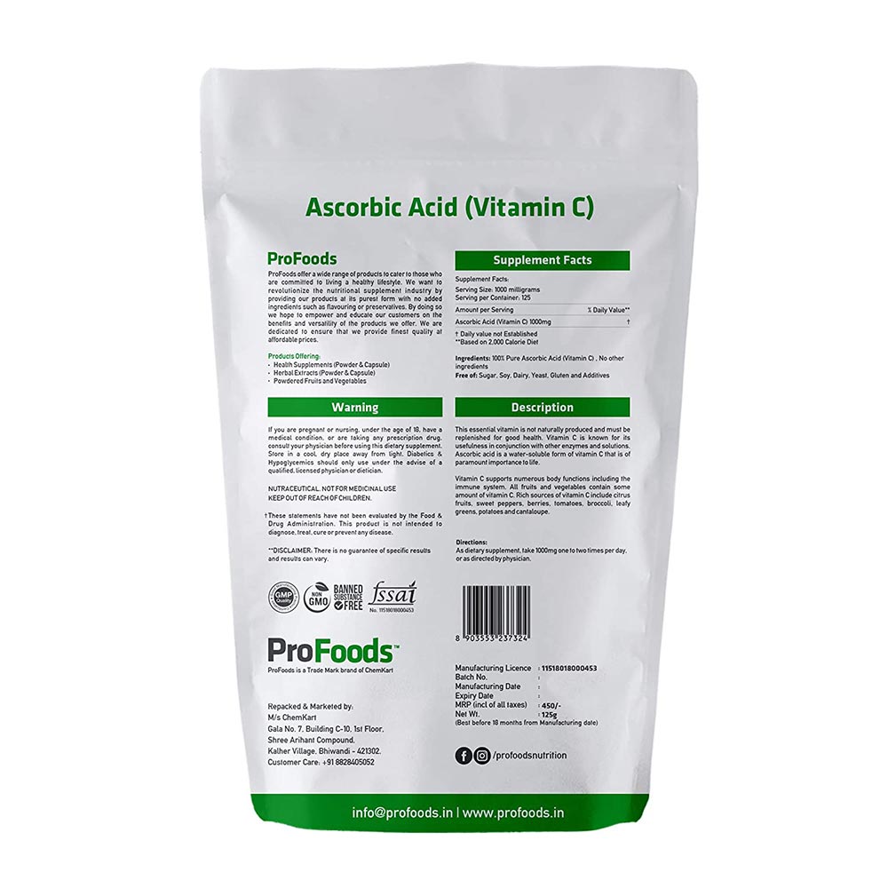 Back - ProFoods Ascorbic Acid (Vitamin C),  125 g  Unflavoured 