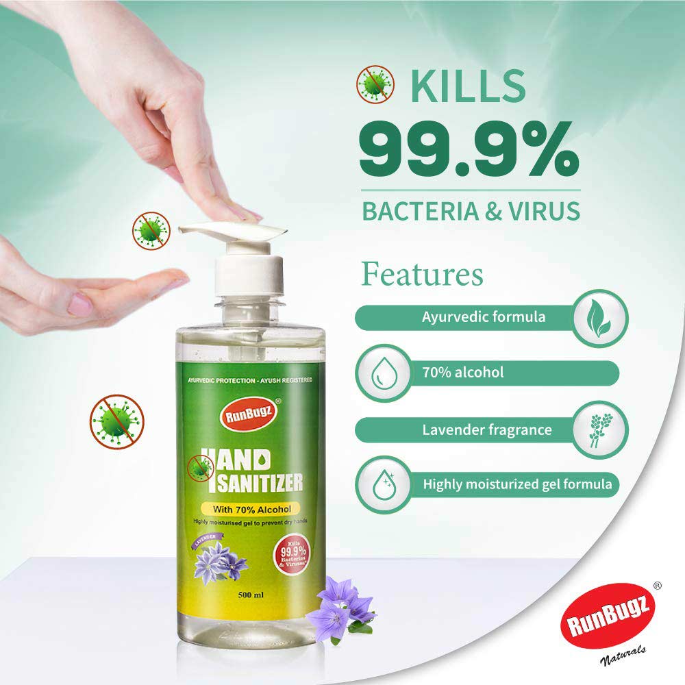 features - RunBugz Hand Sanitizer with 70% Alcohol,  Lavender  500 ml  Kills 99.9% Bacteria & Virus (Pack of 5) 