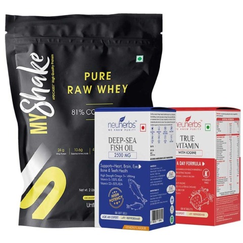 Neuherbs Special Fitness Stack ( Raw Whey Protein + Fish Oil + Multivitamin),  2 lb  Unflavoured 