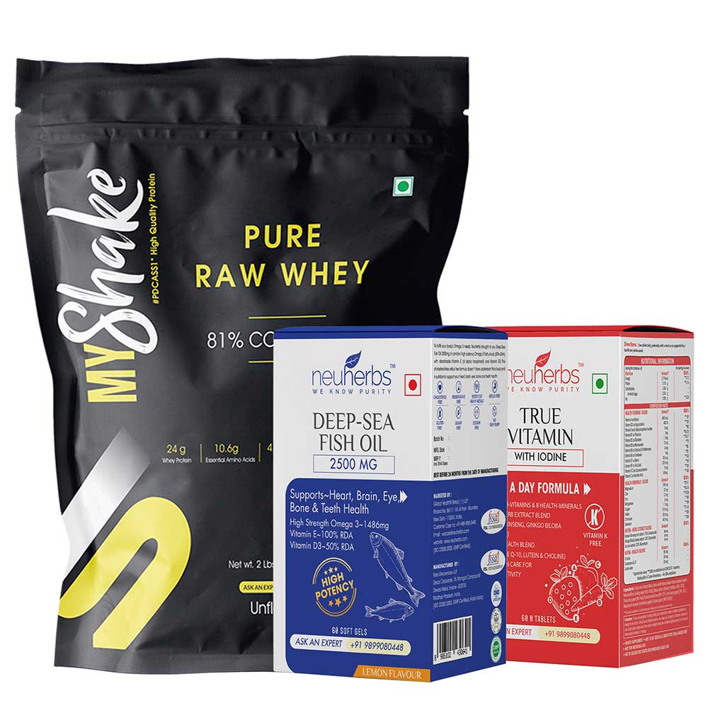 Neuherbs Special Fitness Stack ( Raw Whey Protein + Fish Oil + Multivitamin),  2 lb  Unflavoured 
