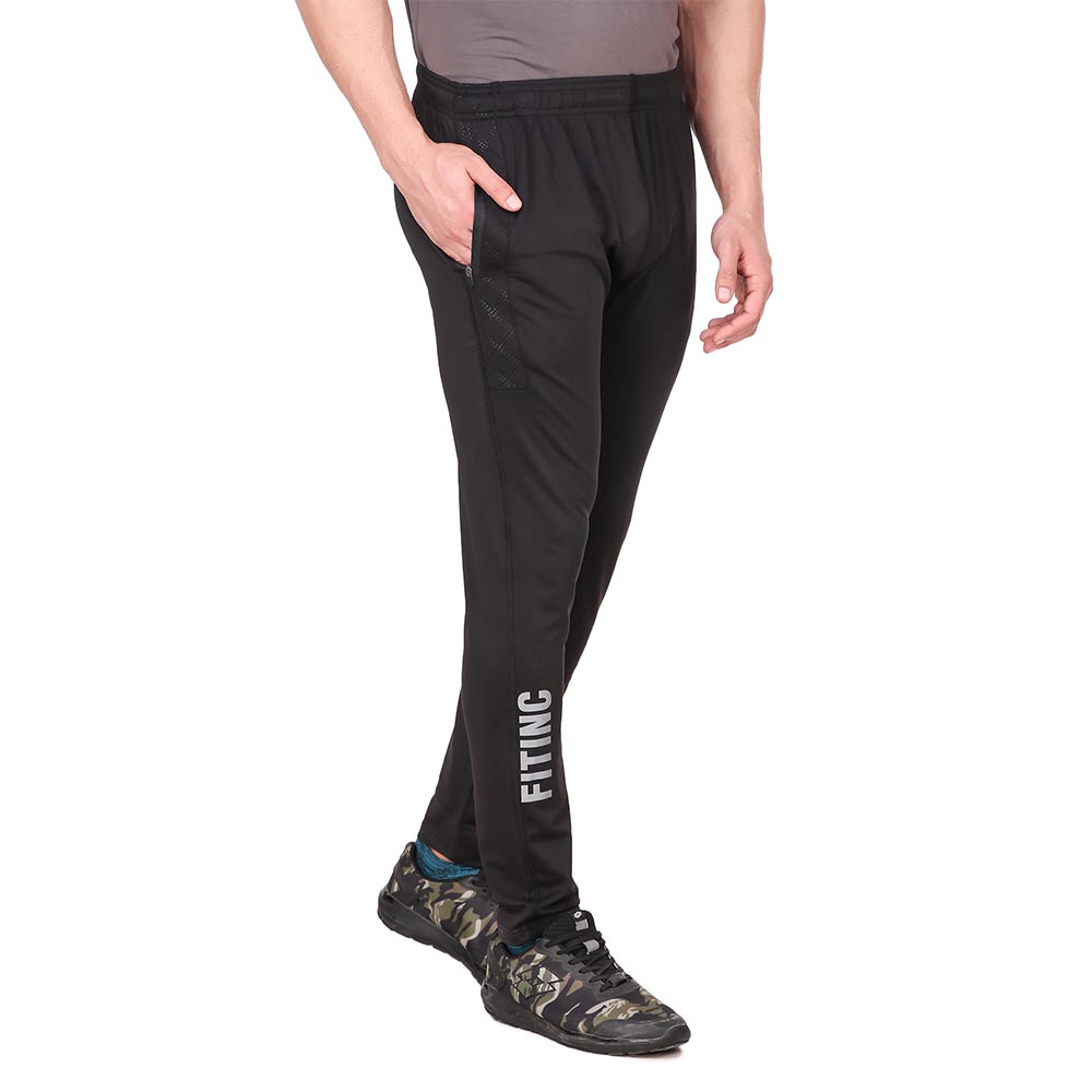 2 - Fitinc Lycra Stretchable Trackpant for Men with Two Side Zipper Pockets,  Black  Small 
