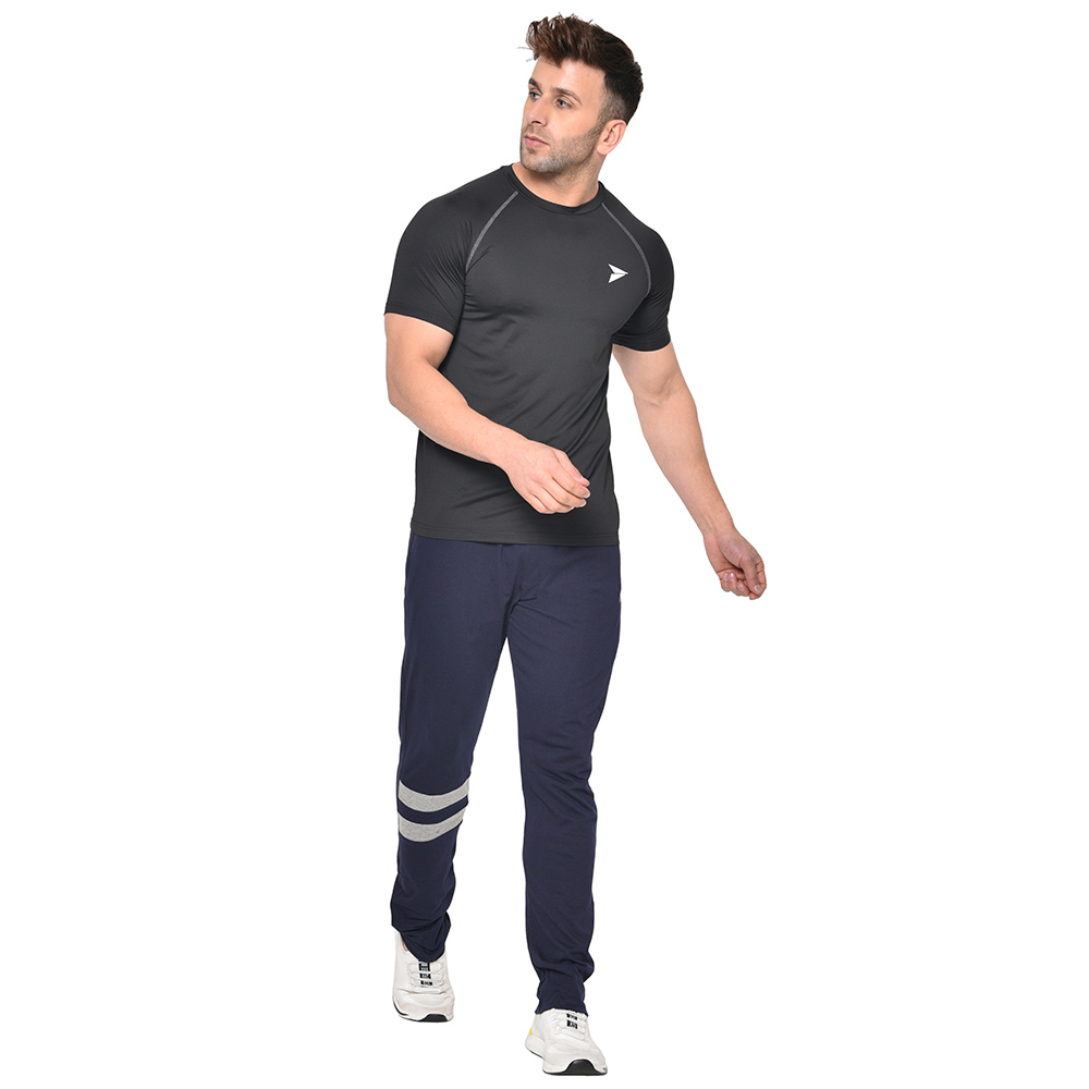 4 - Fitinc Cotton Double Strip Designed Trackpant with Both Side Zipper,  Navy Blue  Medium 