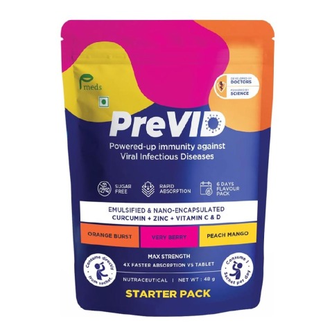 1 - PreVID Immunity Pack of Nano Curcumin, Zinc,Vitamin C & D,  48 g  Orange Burst Very Berry Peach Mango 