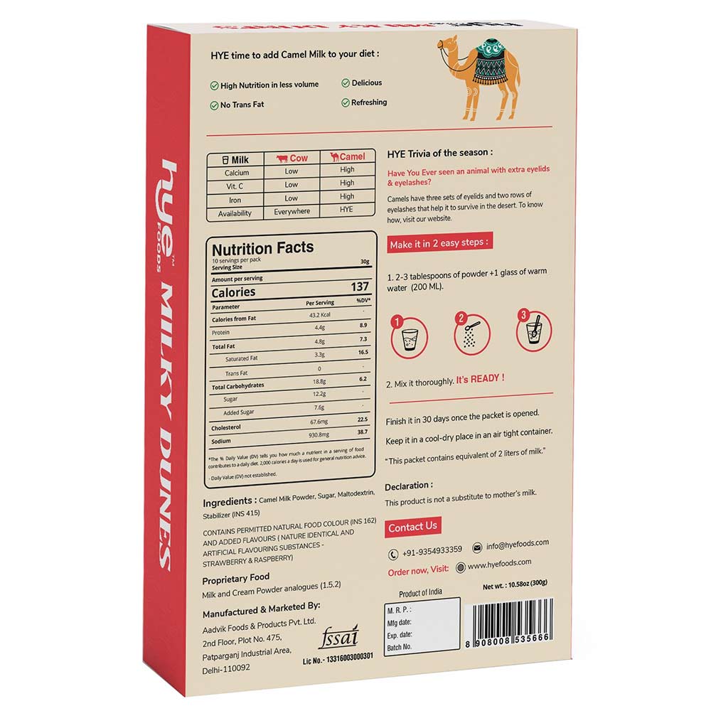 supplementinfo - Hye Foods Milky Dunes Camel Milk,  Strawberry  300 g 