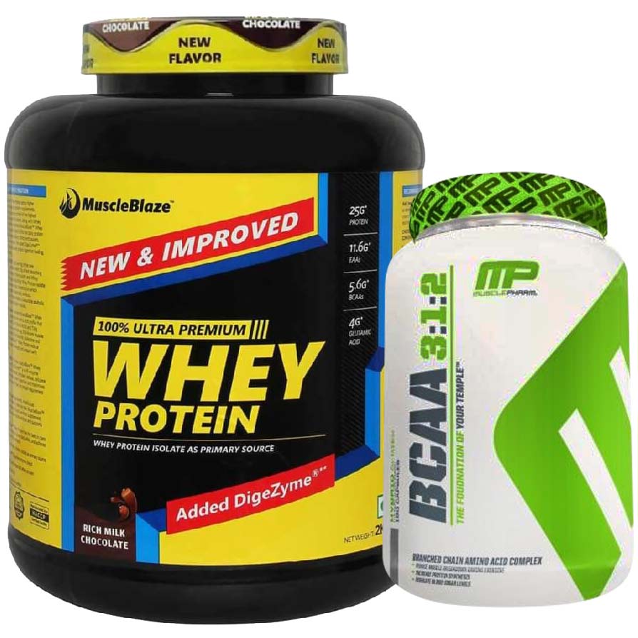 MuscleBlaze Whey Protein, 4.4 lb Rich Milk Chocolate with MusclePharm BCAA