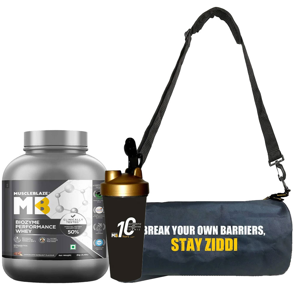 MuscleBlaze Biozyme Performance Whey 2 kg & Gym Bag & Shaker Combo