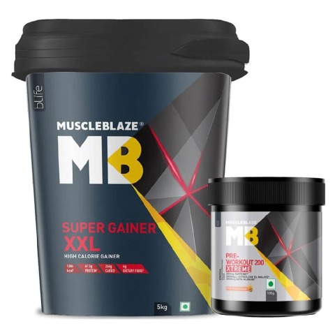 MuscleBlaze Super Gainer XXL 11 lb Chocolate & PRE Workout 200 Xtreme 0.22 lb Fruit Punch Combo