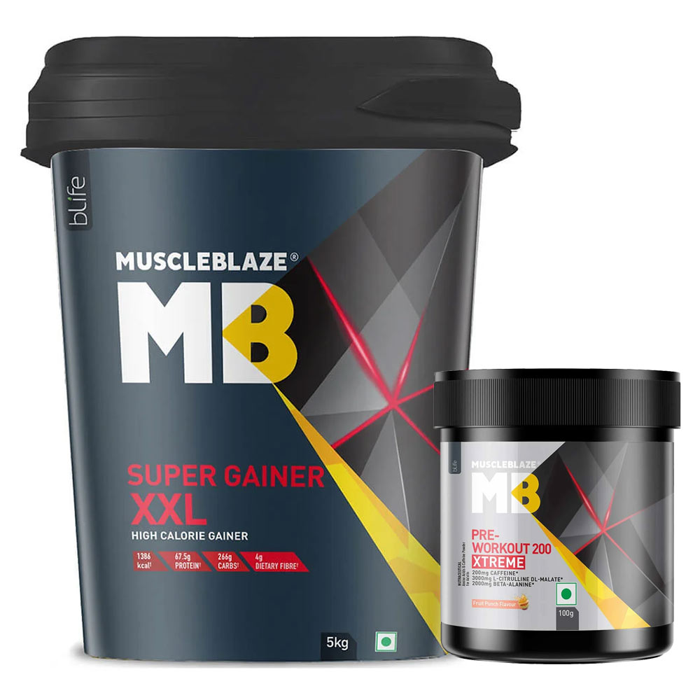 MuscleBlaze Super Gainer XXL 11 lb Chocolate & PRE Workout 200 Xtreme 0.22 lb Fruit Punch Combo