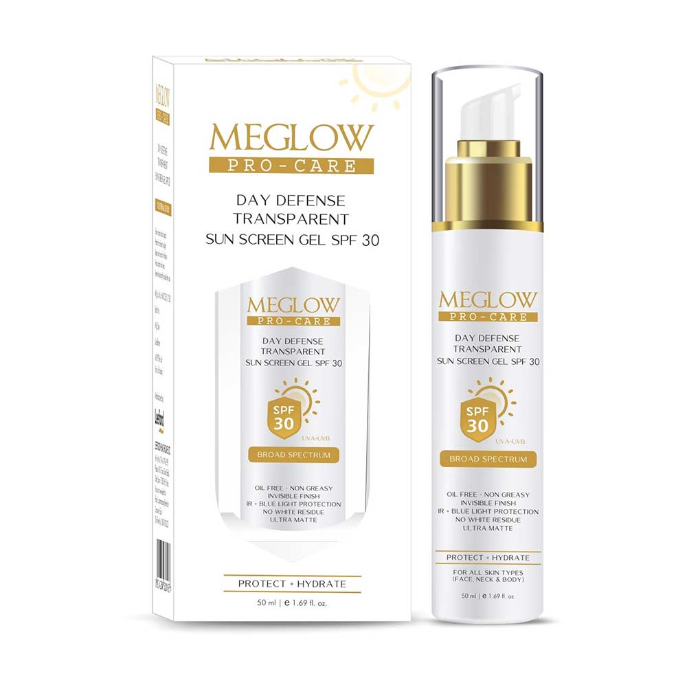 1 - Meglow Pro-Care Day Defense Transparent Sunscreen Gel,  50 ml  with SPF 30 UVA+UVB Protection 