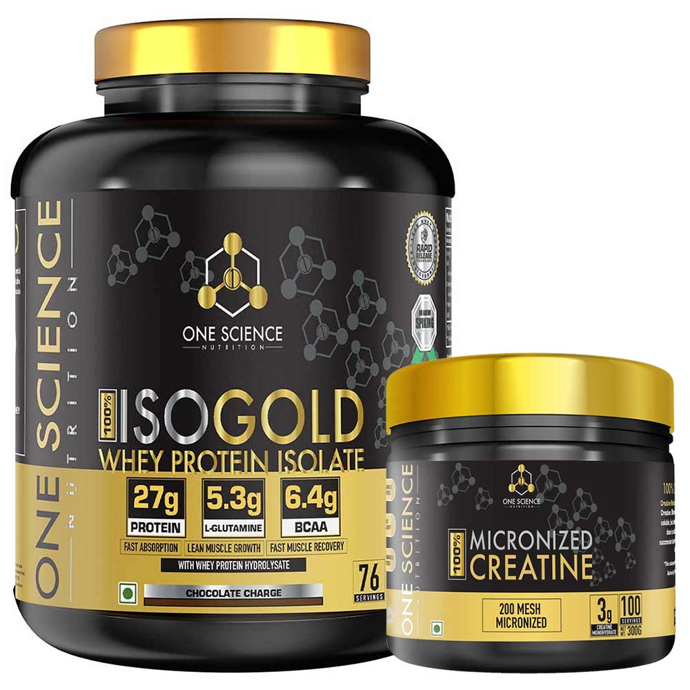 1 - One Science 100% Iso Gold Whey Protein Isolate 5 lb & Micronized Creatine 0.66lb Combo,  2 Piece(s)/Pack  Chocolate Charge & Unflavoured 