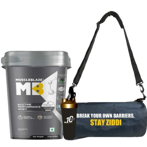 MuscleBlaze Biozyme Performance Whey 4kg & Limited Edition Vidyut Shaker & Gym Bag Combo