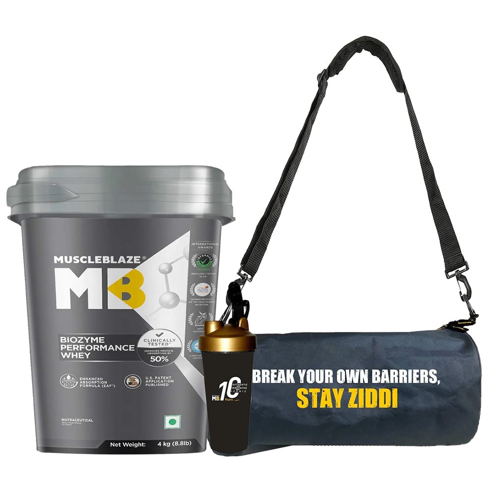 MuscleBlaze Biozyme Performance Whey 4kg & Limited Edition Vidyut Shaker & Gym Bag Combo