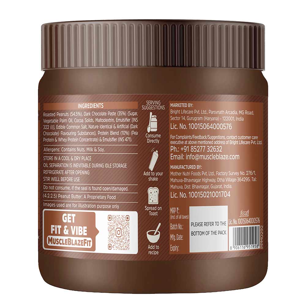 6 - MuscleBlaze High Protein Peanut Butter,  0.340 kg  Dark Chocolate Creamy 