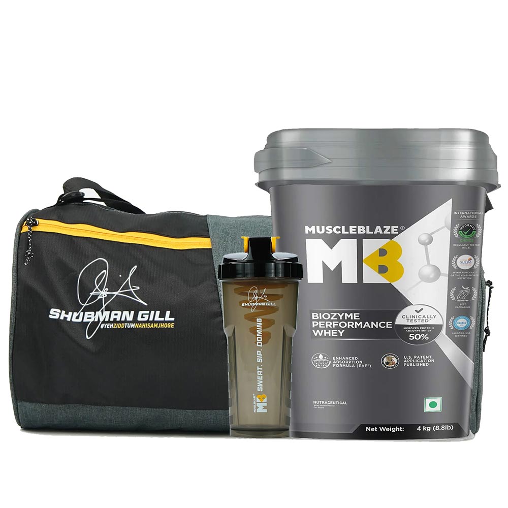 MuscleBlaze Biozyme Performance Whey 4 kg & Gym Bag & Shaker Combo