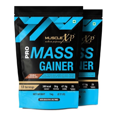 1 - MuscleXP Pro Mass Gainer with Whey Protein, 2.2 lb Double Chocolate Pack of 2