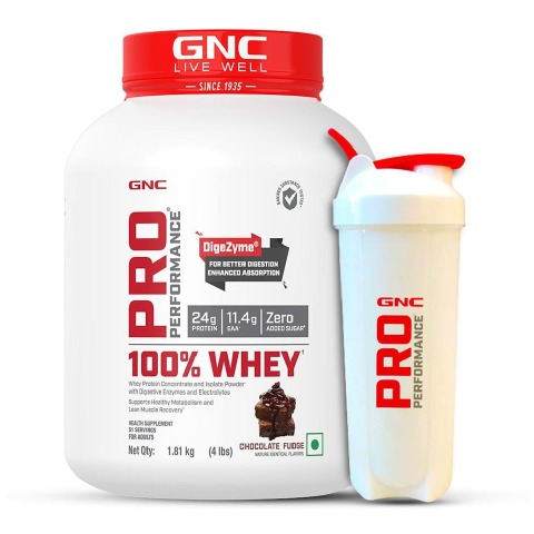 1 - GNC Pro Performance 100% Whey Protein & White Shaker 700 ml Combo, 4 lb Chocolate Fudge