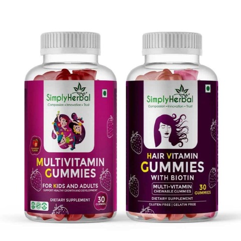 1 - Simply Herbal Multivitamin Gummies & Hair Vitamin Gummies with Biotin Combo,  30 gummies  Strawberry 