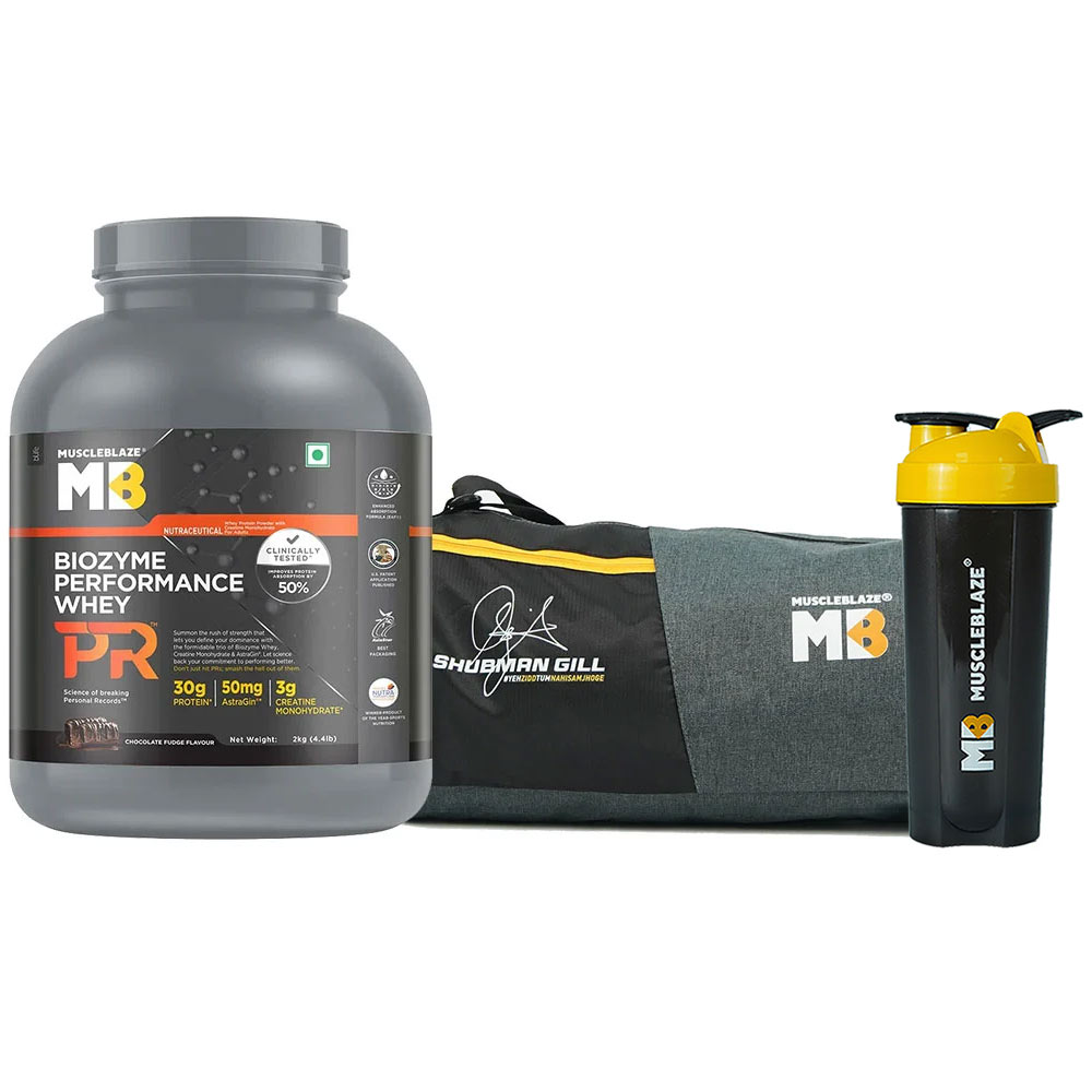 MuscleBlaze Biozyme Performance Whey PR 2 kg Chocolate Fudge & Gym Bag