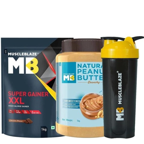 MuscleBlaze Super Gainer XXL 1kg Chocolate & Natural Peanut Butter 1kg Crunchy & Shaker Combo