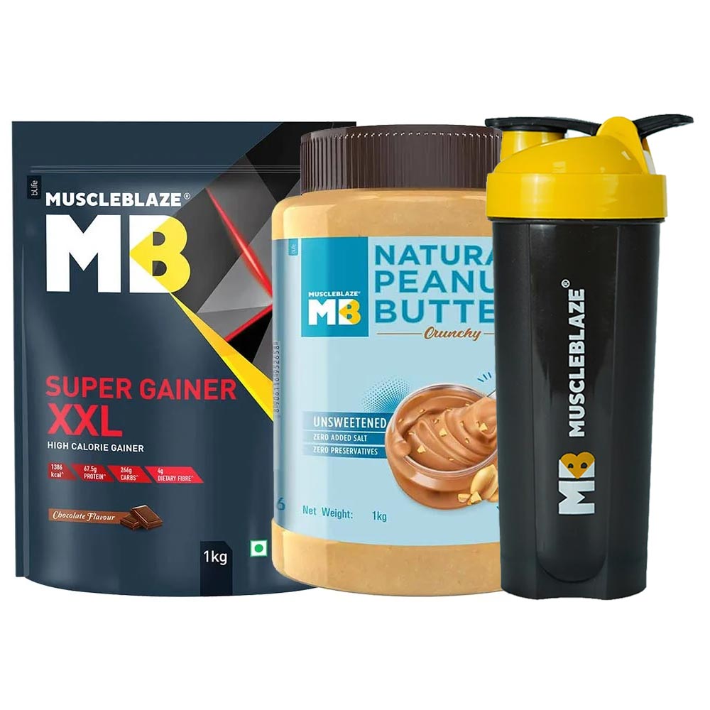 MuscleBlaze Super Gainer XXL 1kg Chocolate & Natural Peanut Butter 1kg Crunchy & Shaker Combo