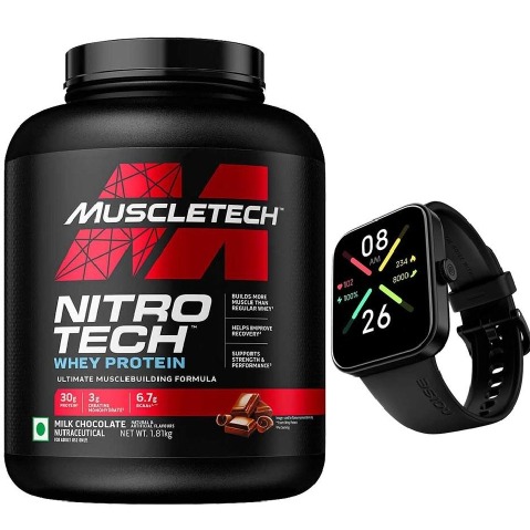 MuscleTech NitroTech Whey Protein 4 lb Milk Chocolate & Noise ColorFit Pulse Go Buzz Smartwatch, 2 Piece(s)/Pack Combo