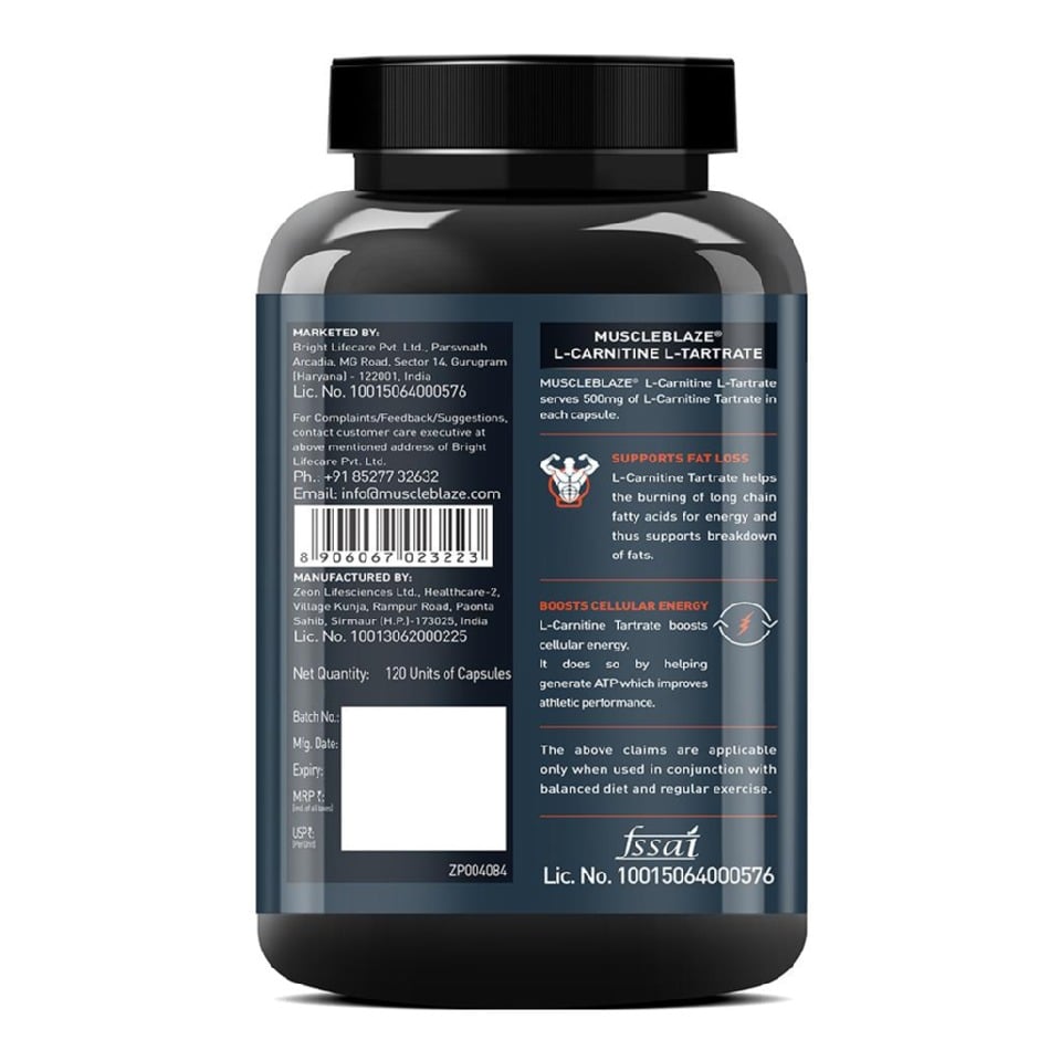 MuscleBlaze L-Carnitine L-Tartrate, 120 Capsules Unflavoured Online |  HealthKart.com