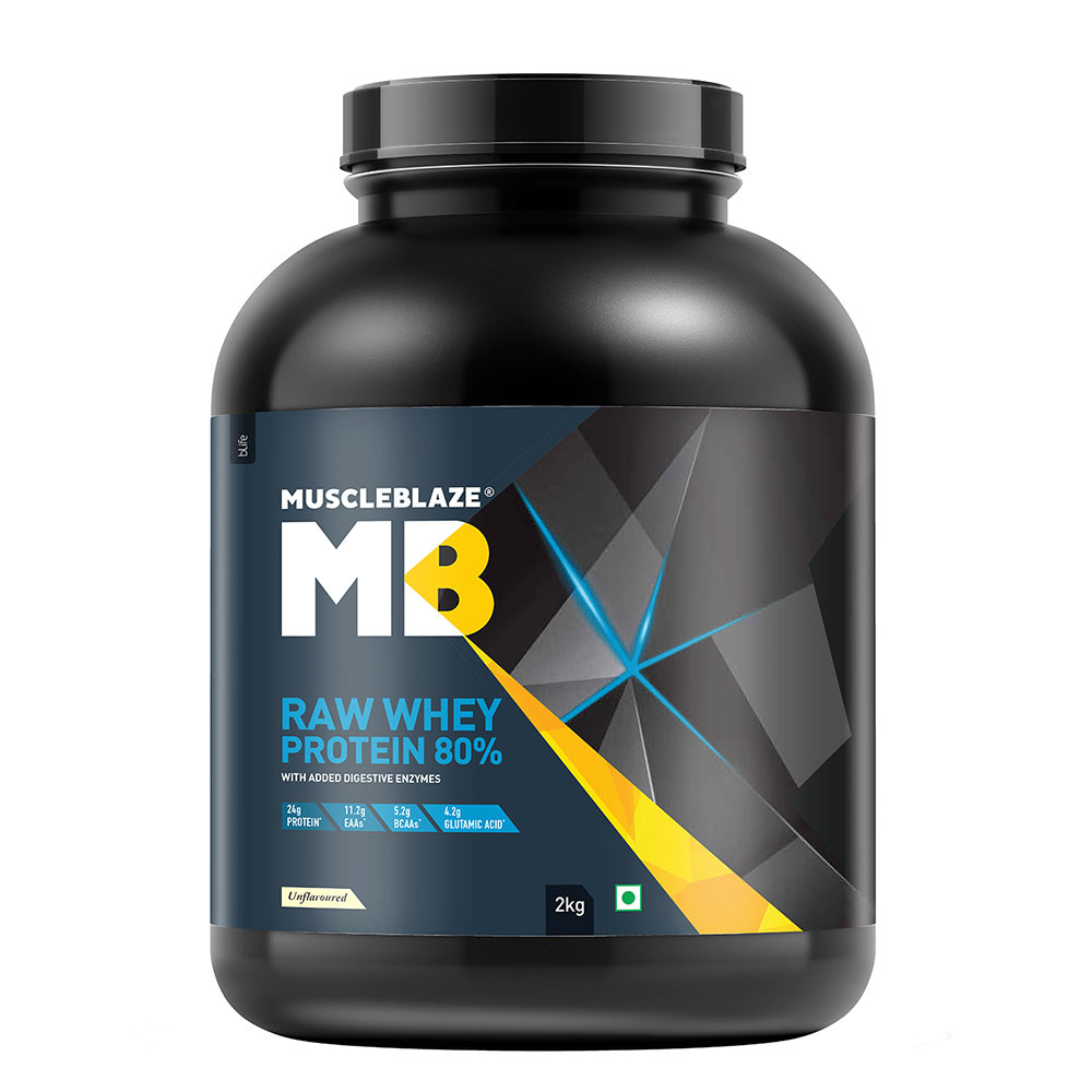 4 - MuscleBlaze Raw Whey Protein Concentrate 80% with Added Digestive Enzymes Labdoor USA Certified with Shaker OP,  4.4 lb  Unflavoured 