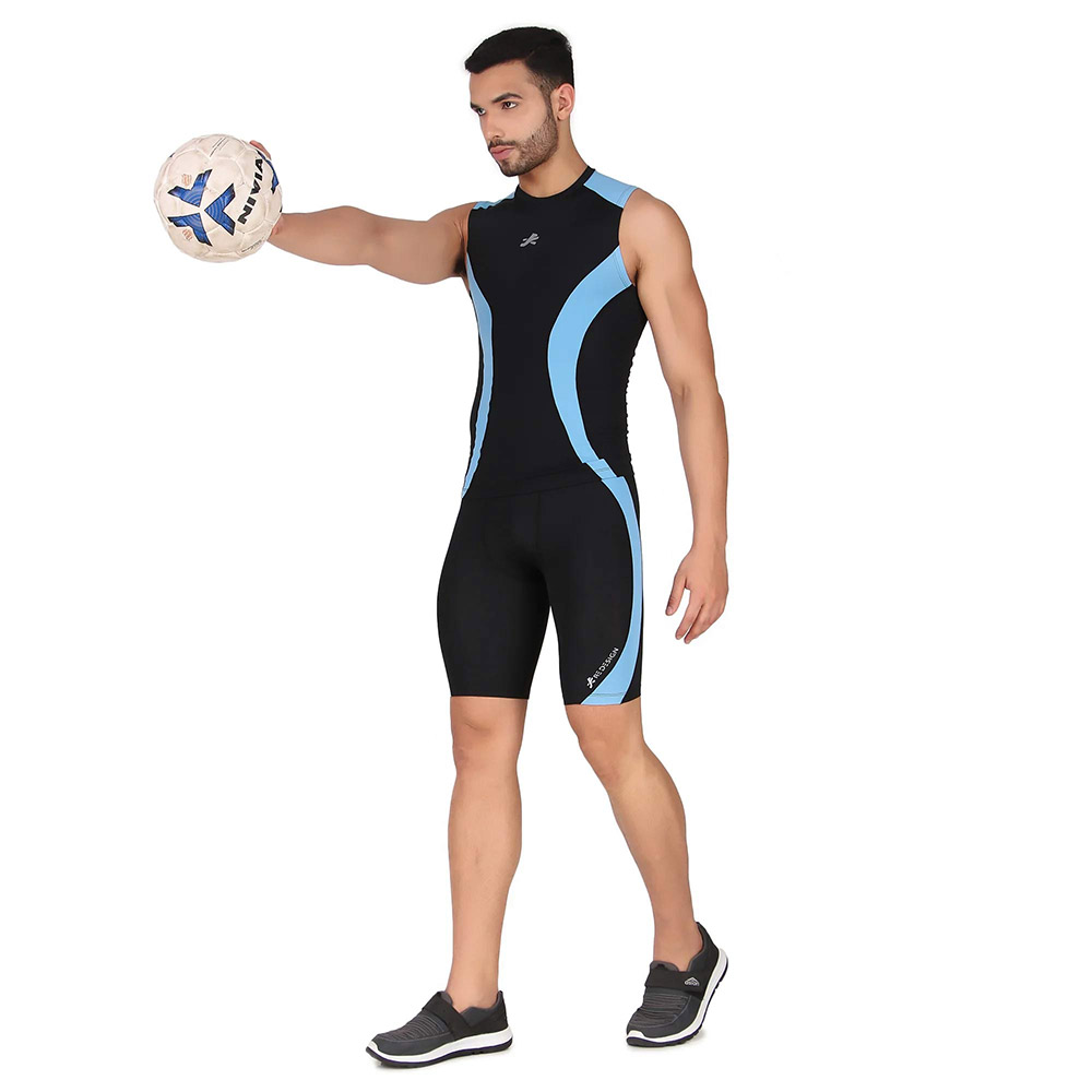 4 - Redesign Nylon DC Compression Cut Sleeve Tshirt,  Black/Aqua Blue  Medium 