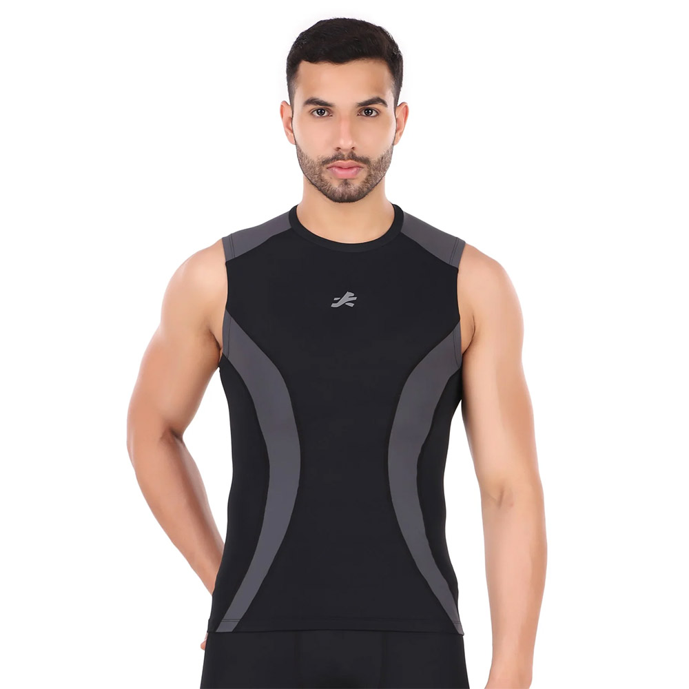 2 - Redesign Nylon DC Compression Cut Sleeve Tshirt,  Black/Dark Grey  Large 