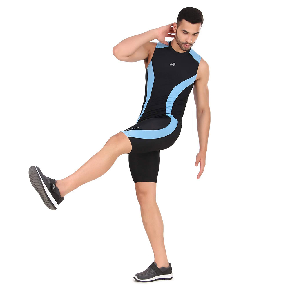 1 - Redesign Nylon DC Compression Cut Sleeve Tshirt,  Black/Aqua Blue  3XL 