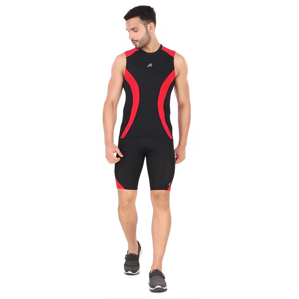 4 - Redesign Nylon DC Compression Cut Sleeve Tshirt,  Black/Red  Large 