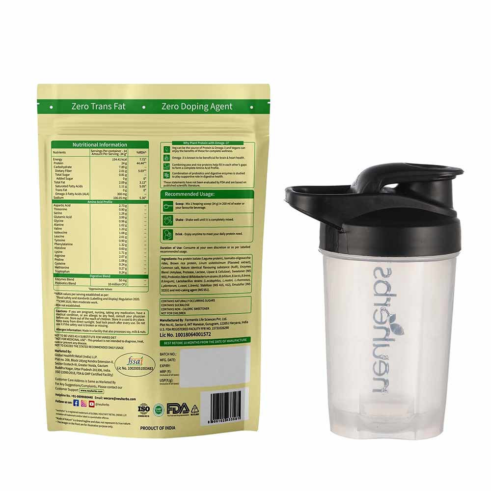 2 - Neuherbs True Plant Protein with Omega-3,  1.1 lb  Kulfi & Protein Shaker Bottle Black White 400ml Combo 