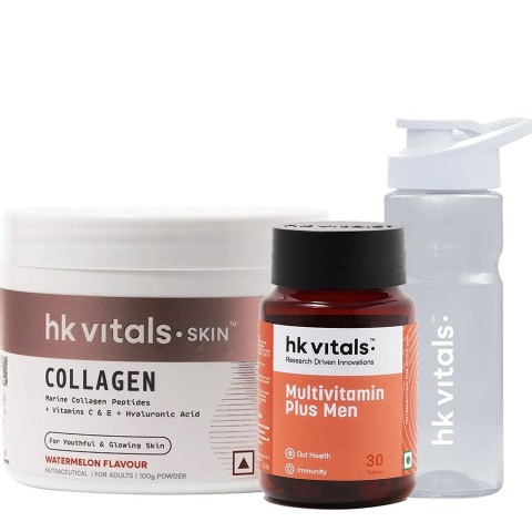 HealthKart HK Vitals Skin Radiance Collagen 100 g Watermelon & Multivitamin Plus Men 30 Tabs & Sipper Combo
