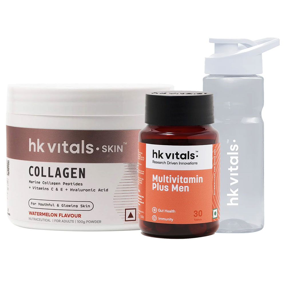 HealthKart HK Vitals Skin Radiance Collagen 100 g Watermelon & Multivitamin Plus Men 30 Tabs & Sipper Combo