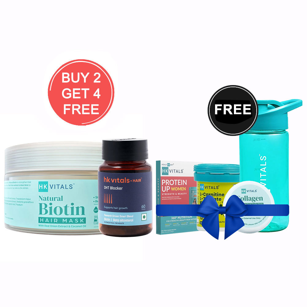 HK Vitals Biotin Hair Mask & DHT Blocker 60 Tabs with Free L Carnitine & Face Moisturizer & ProteinUp Women & Sipper
