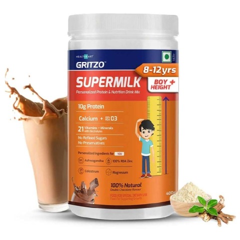 6 - Supermilk Height+ for 8-12 Yrs Personalized Protein & Nutrition Drink Mix Powder, 400 g Double Chocolate
