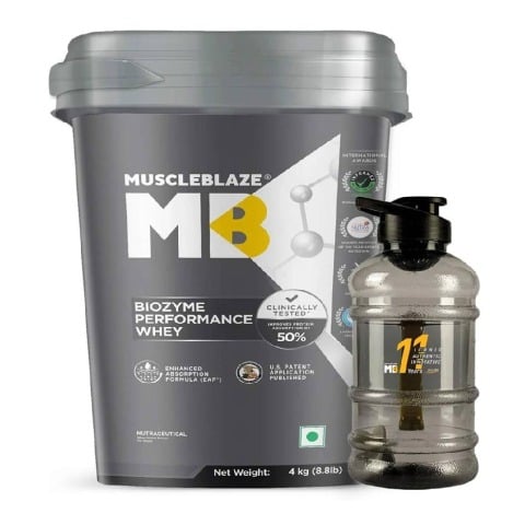 MuscleBlaze Biozyme Performance Whey 4 kg Rich Chocolate & Gallon Bottle Combo