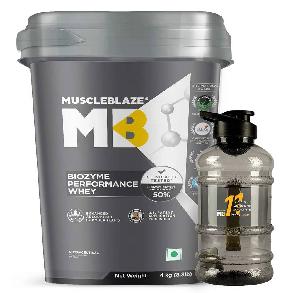 MuscleBlaze Biozyme Performance Whey 4 kg Rich Chocolate & Gallon Bottle Combo