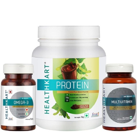 HealthKart Protein with Whey Soy & Casein & Omega 3 & Multivitamin Combo