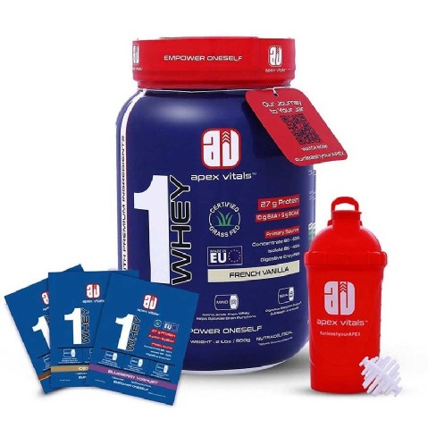 1 - Apex Vitals 1 Whey 27 g Protein,  2 lb  French Vanilla (with Samples & Shaker Free) 