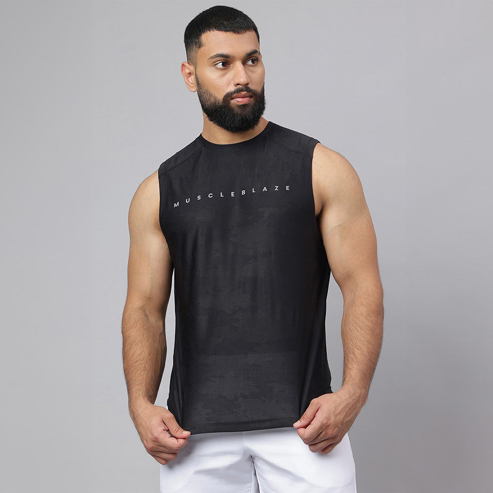 3 - MuscleBlaze Camo Dry-Fit Delt Tank,  Black  Small 