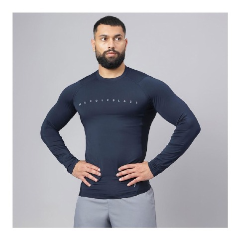 2 - MuscleBlaze Air Tech Compression MuscleTee Full Sleeve,  Navy  Small 