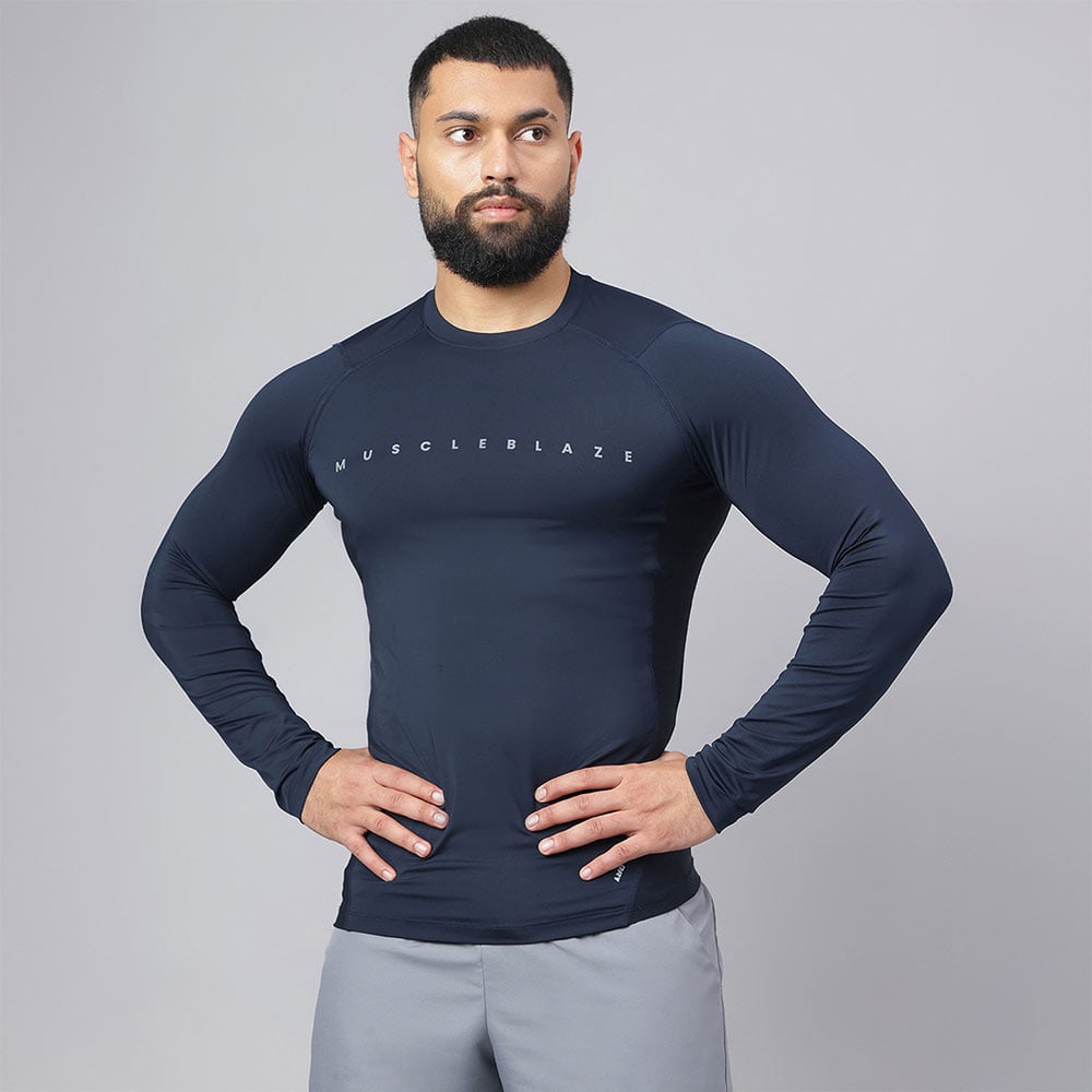 2 - MuscleBlaze Air Tech Compression MuscleTee Full Sleeve,  Navy  Small 