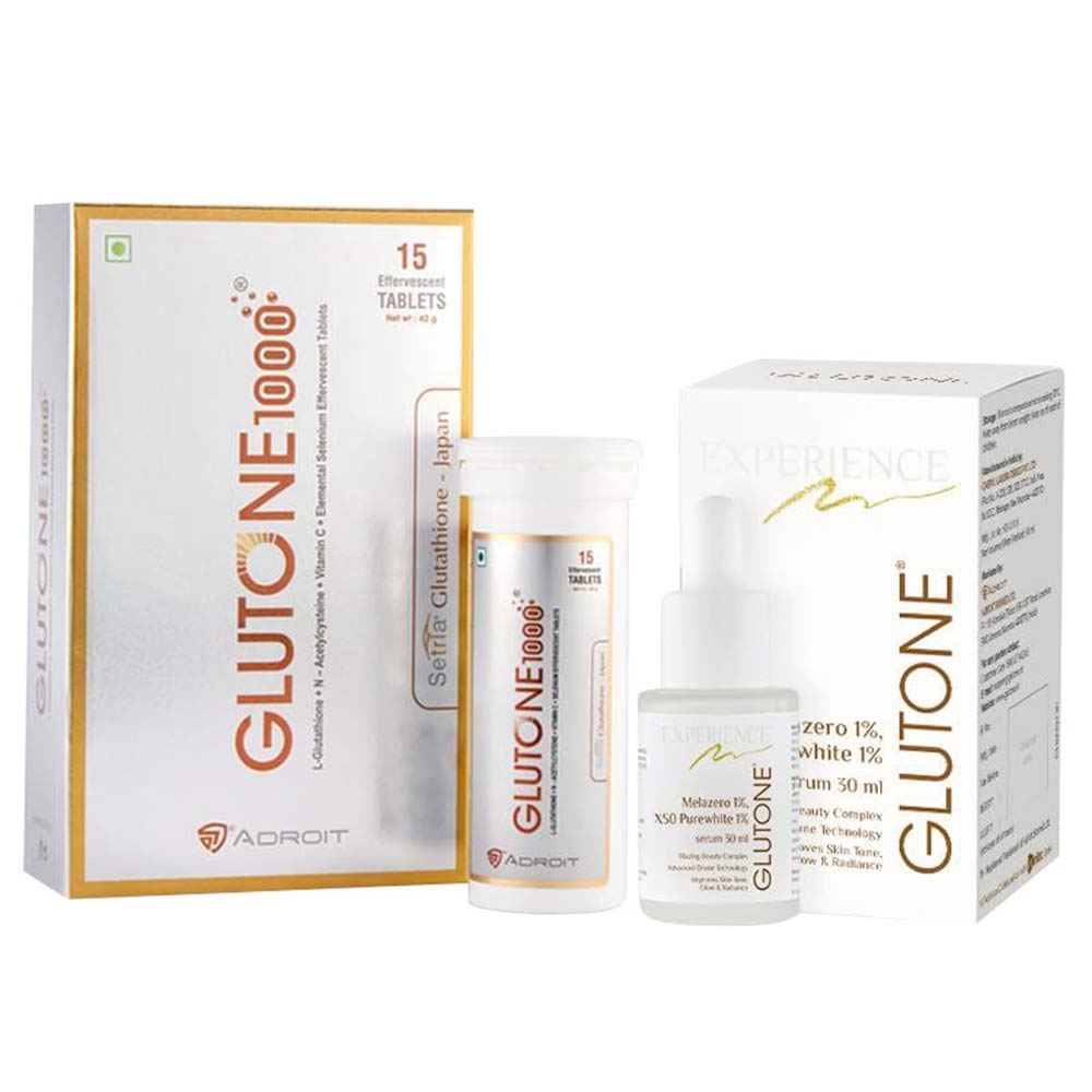 5 - Glutone 1000 Setria Glutathione Effervescent 15 Tablets & Skin Brightening Serum Combo,  for Evens Skin Tone  30 ml 